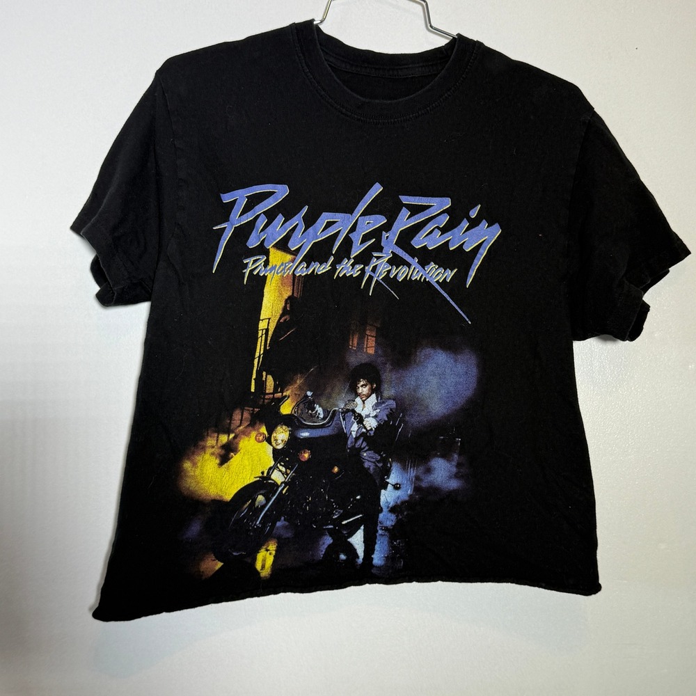 Prince Purple Rain Graphic Tee Womens M Black Good Cropped Raw Hem 80s Rock Band